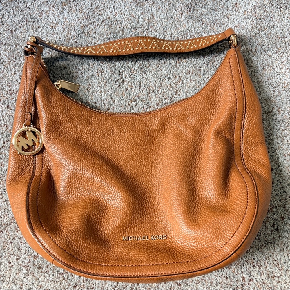 Michael Kors Lydia brown leather hobo shoulder bag with studs new with tag
